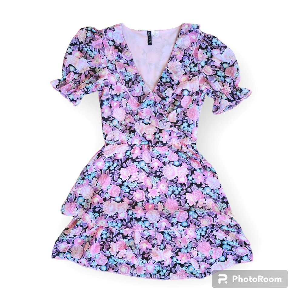 XS Black Floral Puff Sleeve V-Neck Divided Ruffle Dress